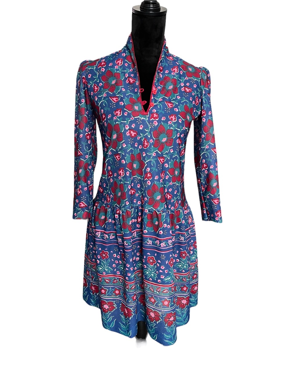 Vintage Handmade Blue Floral Long-Sleeve V-Notch Dress